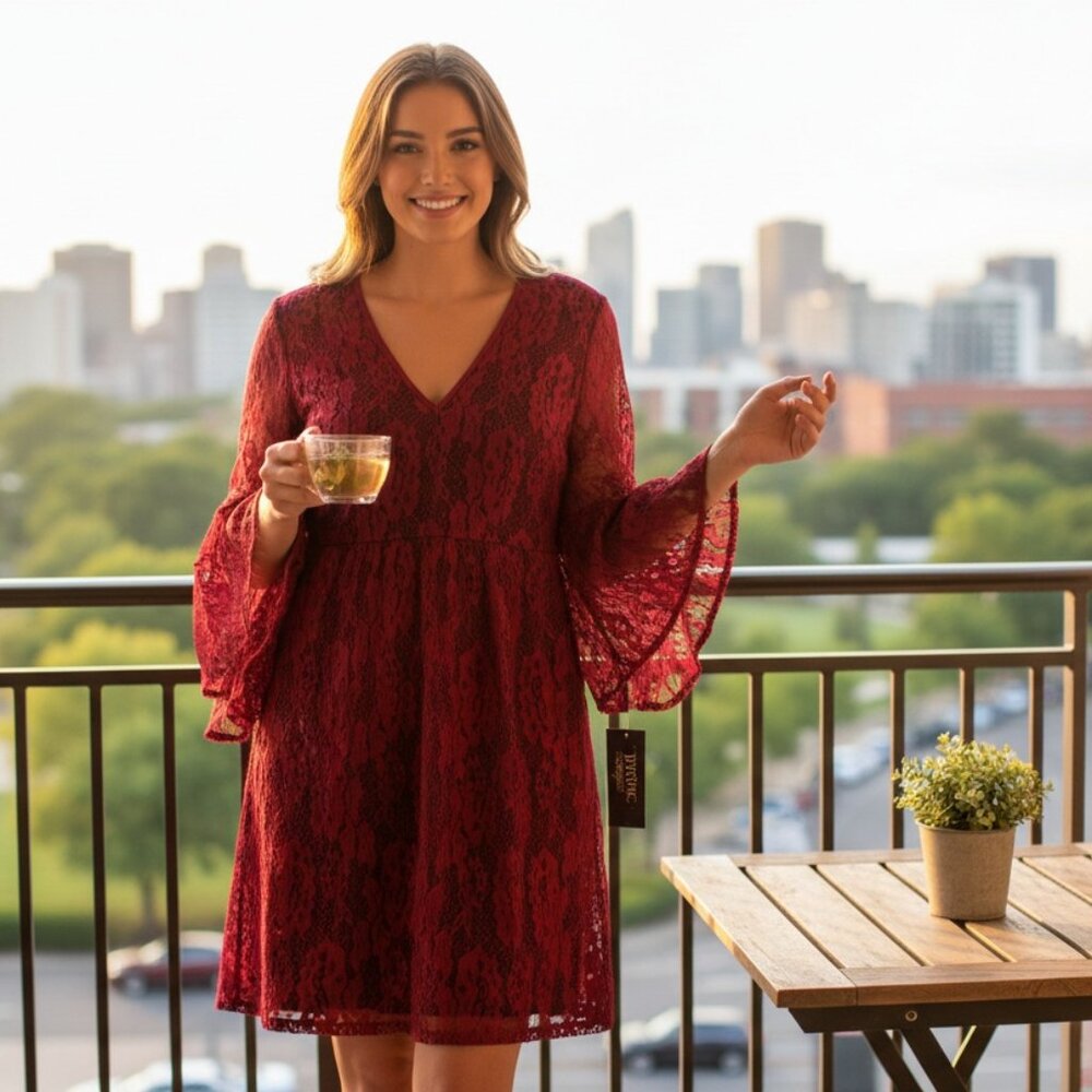 Share New VFSHOW Red Lace Black Lined Dress S